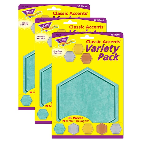 Trend Enterprises I Heart Metal Hexagons Classic Accents Variety Pack, 36 Pieces, PK3 T10643 - main